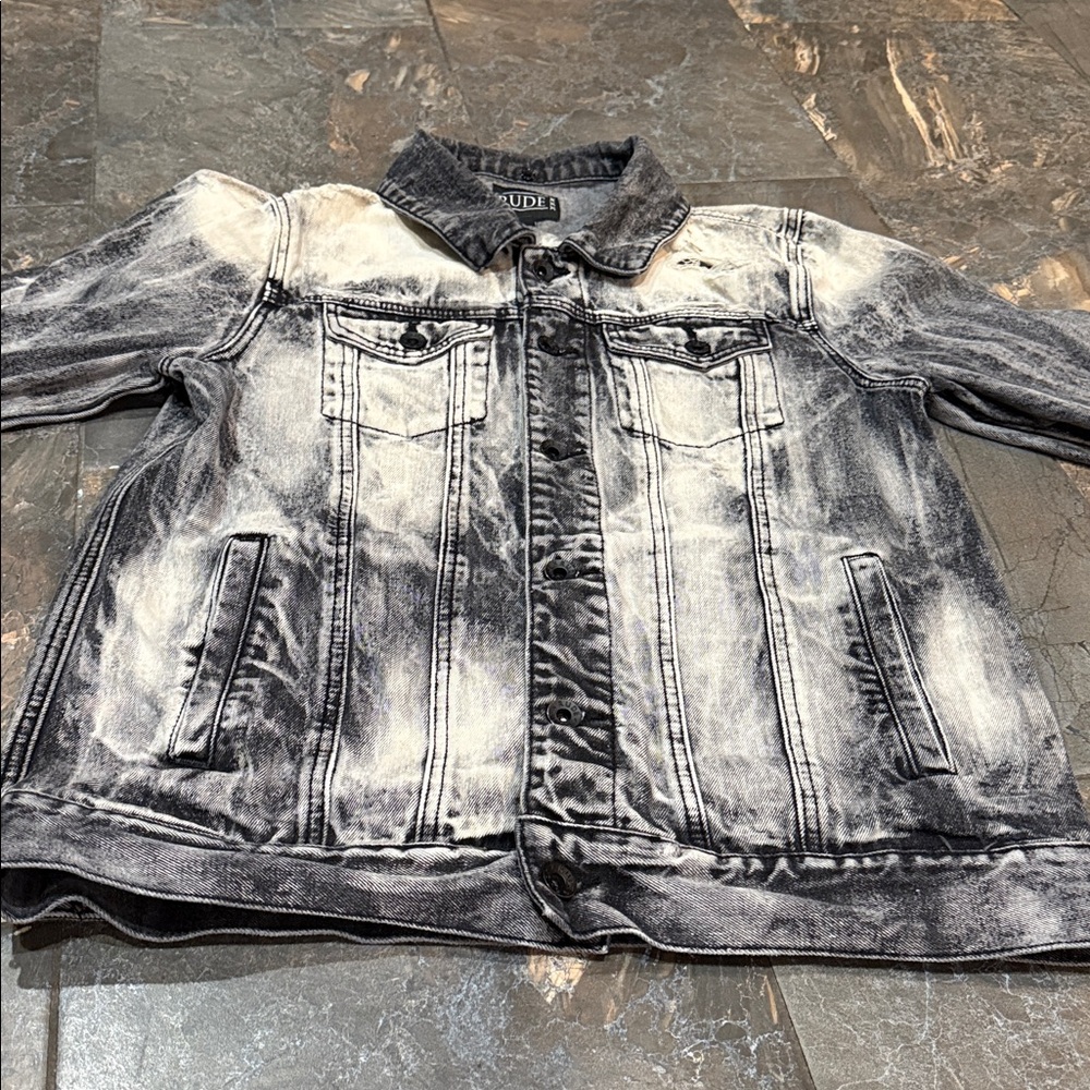 XXX Rude Grey & Black Distressed Bleached Denim Jacket size LG - Picture 7 of 15